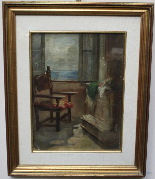 Interno di stanza, olio su tavola, fine XIX sec., cm 31 x 22, entro cornice.