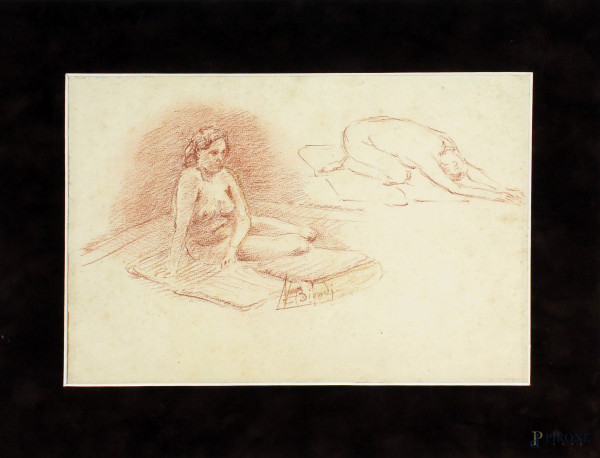 Studio di nudi femminili, matita rossa su carta, cm. 20,5x30,5, a firma N. Biondi.