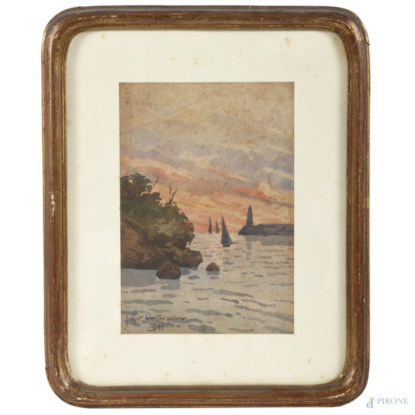 Barche a vela al tramonto, XX secolo, acquerello su carta, cm 20x14, iscritto in basso a sinistra, entro cornice, (bruniture, foxing, gore, tracce di umidità, ondulazioni della carta)