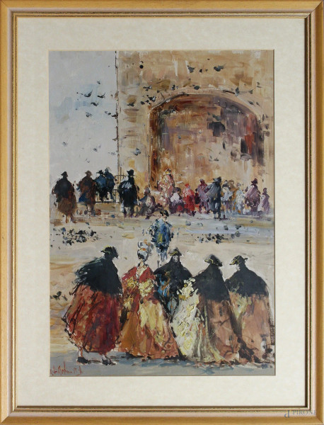 Carnevale a Venezia, dipinto ad olio su carta, cm 50 x 35, entro cornice.