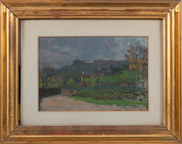 Paesaggio, XX, olio su doppia tavoletta di compensato, cm 20,5x31,5, firmato e datato "Napoli 1946" in basso a destra, entro cornice