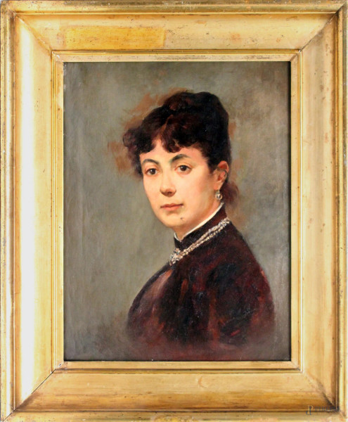 Ritratto di donna, olio su tela, cm. 56x43, entro cornice.