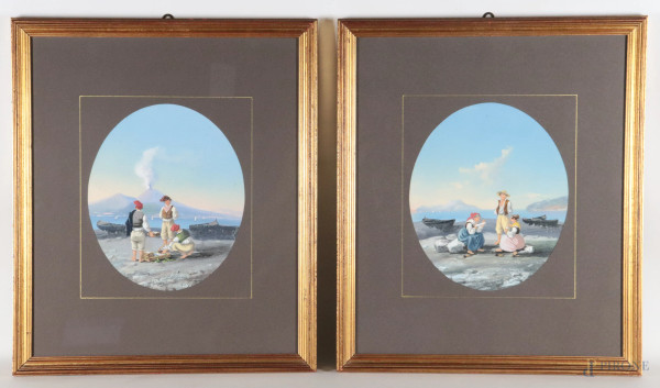Coppia di vedute del Vesuvio con pescatori e popolane,  XIX-XX secolo, tecnica mista su carta, cm 54x44 compreso passepartout, firmati in basso, entro cornice, (segni di usura, lievi tracce di umidità)