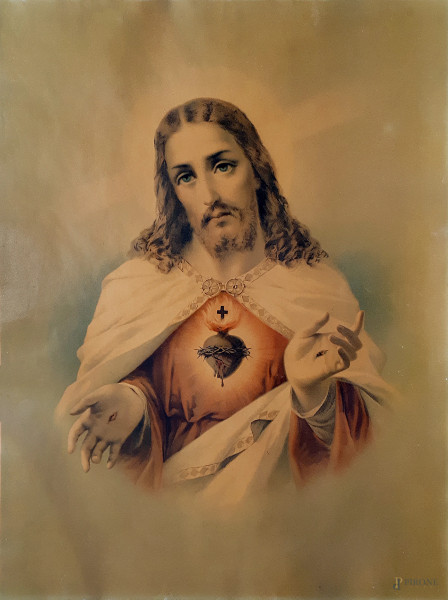 Sacro Cuore di Gesù, antica cromolitografia su carta, cm 62x47