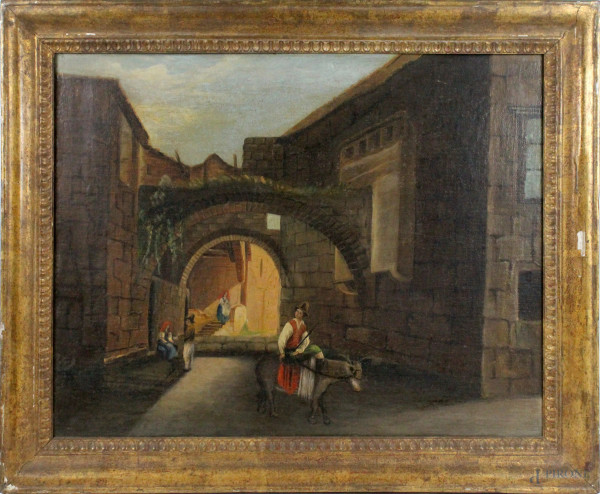 Scorcio di paese con personaggi, olio su tela, fine XIX secolo, cm. 60x54, entro cornice.