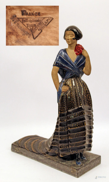 Donna flamenco, scultura in ceramica, firmata Genevieve Granger.