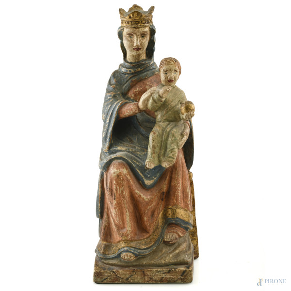 Madonna con Bambino, XIX-XX secolo, scultura in legno policromo, altezza cm 42, (segni di usura, scalfiture, perdita di colore)