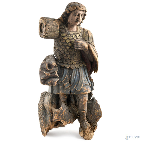 Arcangelo Michele, XIX secolo, scultura in legno policromo, altezza cm 84, (segni di usura, rotture, mancanze, fessurazioni, fori di tarlo, perdita di colore)