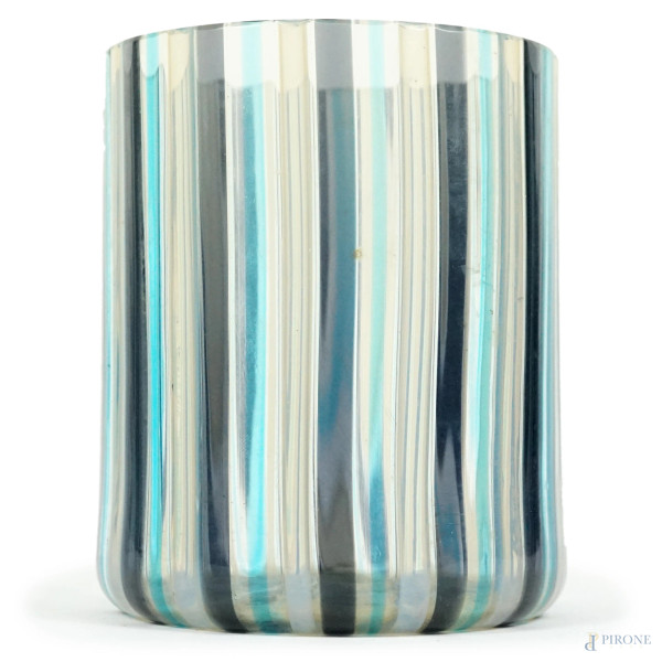 Vaso in vetro di Murano, XX secolo, lavorazione a canne verticali nere, blu e bianche, cm h 14x11,5