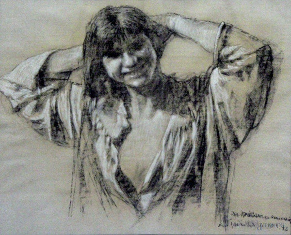Daniel Timner - Ritratto di fanciulla, disegno a carboncino su carta, 46x55 cm, con dedica, entro cornice