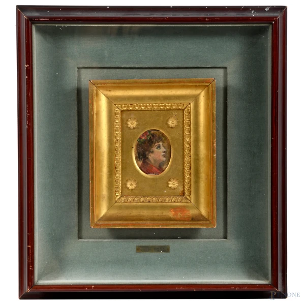 Profilo di donna, XX secolo, tecnica mista su cartoncino, cm 8,5x6, entro cornice