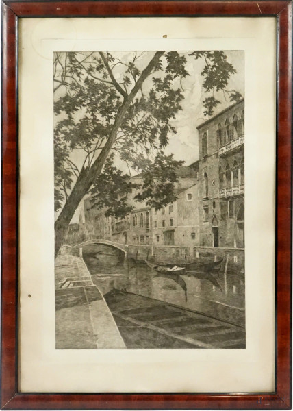 Scorcio di Venezia, incisione, cm 86,5x59, XX secolo, entro cornice, (difetti)