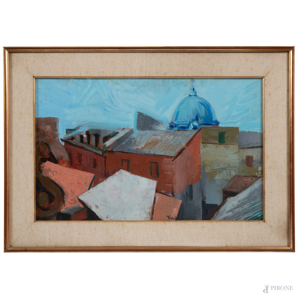 Aldo Turchiaro (1929-2023), Tetti, olio su tela, cm 35,5x55,5, firmato in basso, entro cornice