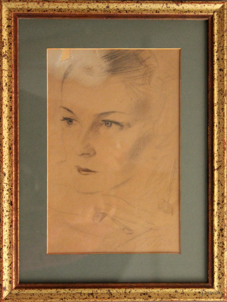 Guido Tallone - Volto di ragazza, disegno a matita su carta, cm 26 x 17, entro cornice, difetti sulla carta.