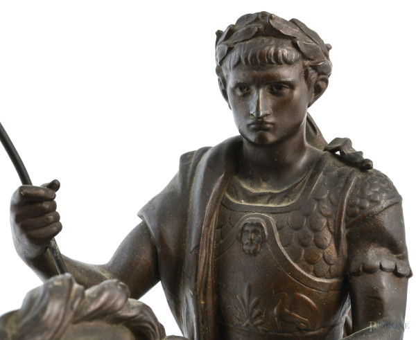 Ottaviano a cavallo, XX secolo, scultura in antimonio, cm 61x21x43, (rotture, difetti, restauri)