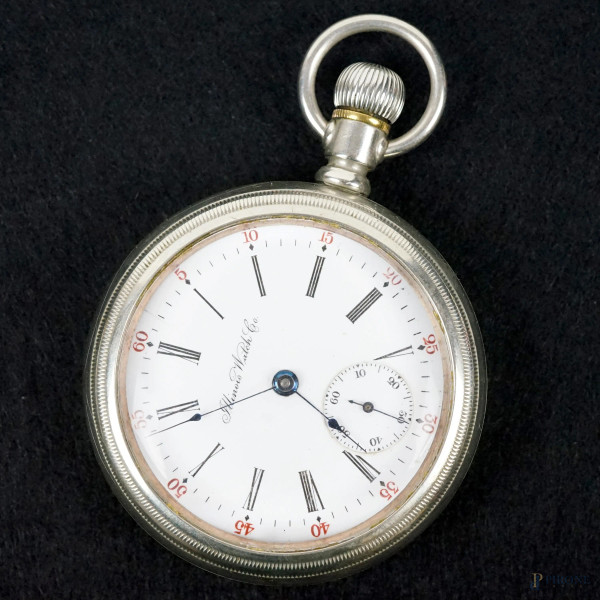 Orologio da tasca in metallo argentato Illinois Watch Co, inizi XX secolo, quadrante a doppia numerazione, cm 8x6, (meccanismo da revisionare)