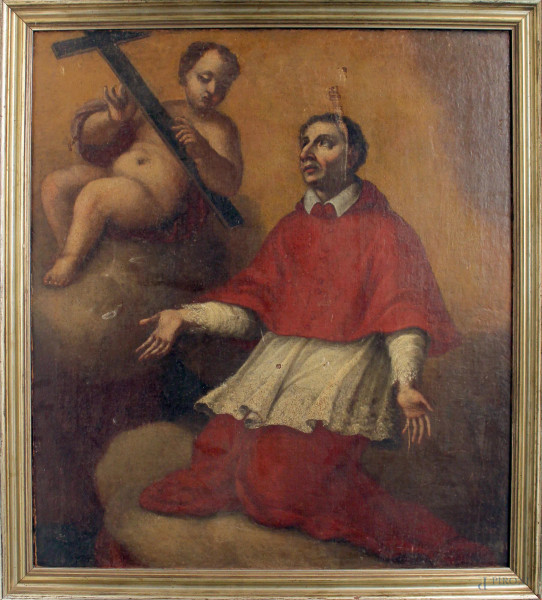 San Carlo Borromeo, olio su tela, cm 69x62, XVIII sec., entro cornice, (difetti sulla tela).