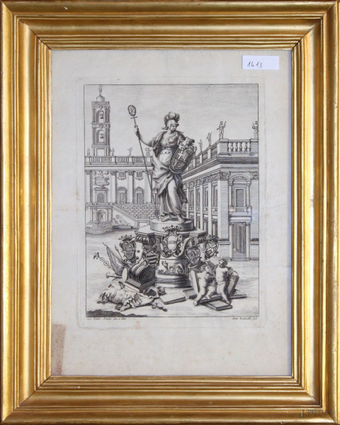 Allegoria della città di Roma, incisione del XVIII sec., cm 36x28, entro cornice.