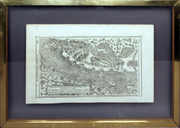 Cartina di Ferrara, antica incisione su carta, cm 20x31, entro cornice.