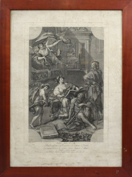 Il trionfo della storia nel tempo, incisione, cm 70x50,  inventore Anton Raphael Mengs (1728-1779), entro cornice.