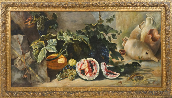 Natura morta, olio su tela, cm 80x161 circa, siglato, in cornice