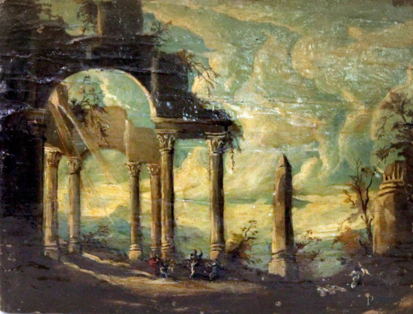 Paesaggio con architetture e figure, dipinto dell'800 su tavola, cm 25x19, entro cornice.