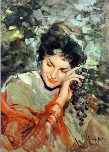 Donna con pampini d&#39;uva, olio su tela, cm 70x50, firmato G. Giovanetti.