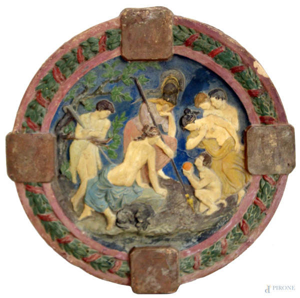 Scena mitologica, tondo in terracotta dipinta diam. 25,5, XIX sec.