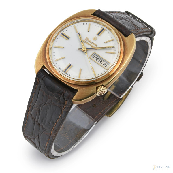 Orologio Bulova Accutron con cassa in oro, cm 3,8x4, lunghezza cm 22, (batteria da sostituire)