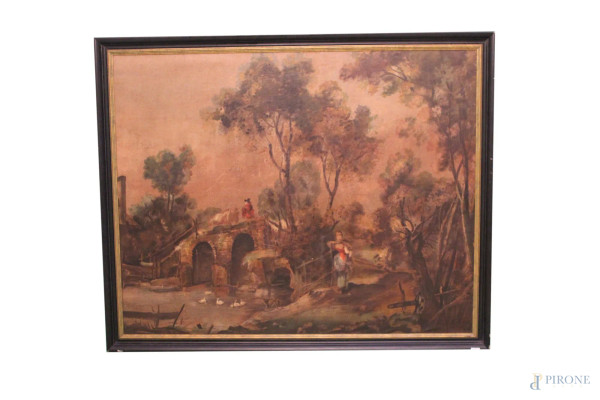 Paesaggio con ponte e figure, olio su tela, 120x150 cm, entro cornice.