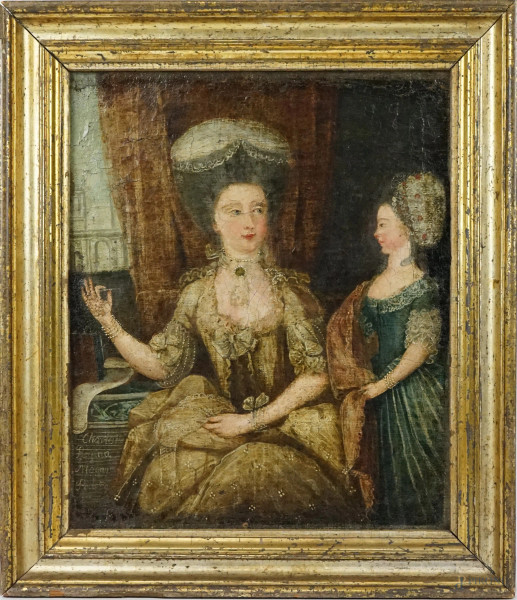Pittore del XVIII secolo, Ritratto della Regina Carlotta di Meclemburgo-Strelitz con Carlotta Carolina, olio su tela, cm 41x34, entro cornice