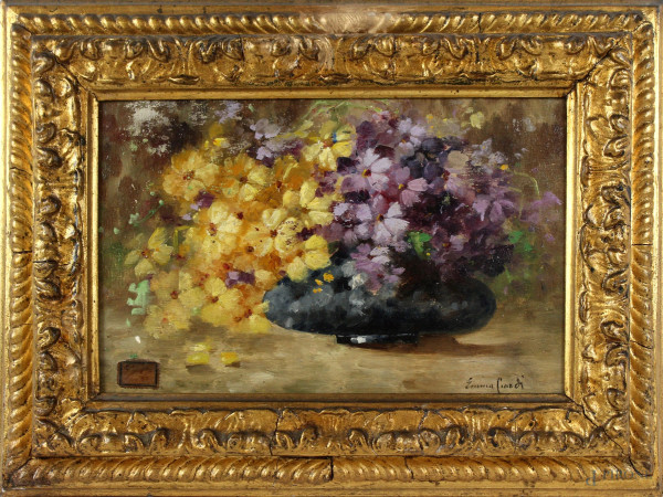 Natura morta-vaso con fiori, olio su compensato, cm 20x30, firmato, entro cornice