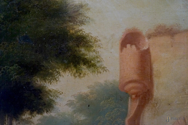 Pittore attivo alla fine del XVIII secolo, Paesaggio con ponte e viandanti, olio su tela, cm 110x...