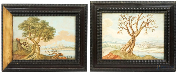 Coppia di paesaggi, acquarello su carta, cm 21,5x28, XIX secolo, entro cornice.