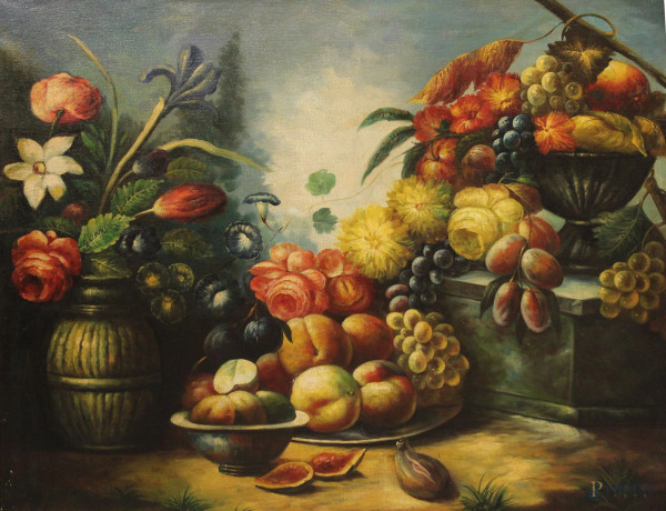 Natura morta con frutta e fiori su sfondo paesaggio, olio su tela, cm 70x92, entro cornice.