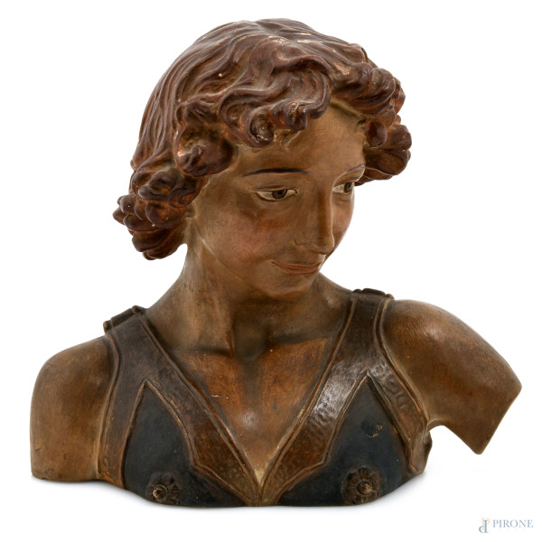Busto in terracotta dipinta dal David di Verrocchio, XX secolo, altezza cm 25,5, (segni di usura, piccole scalfiture e cadute di colore)