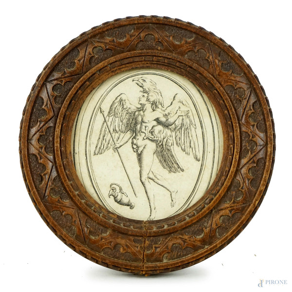 Piccola incisione raffigurante Prometeo, diam. cm 8, XIX secolo, entro cornice.