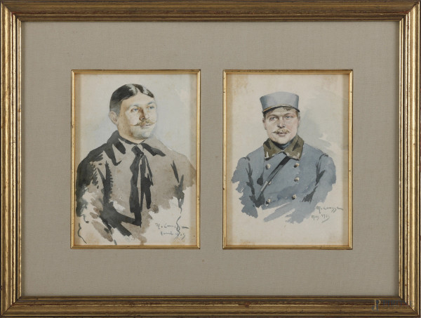 Doppio ritratto maschile, acquerello su carta, firmati e datati rispettivamente aprile e marzo 1913, misure singole cm 219x14,5 entro unica cornice, (lieve foxing)