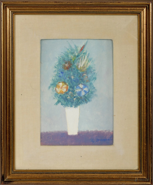 Fiori nel vaso bianco, XX secolo,  tecnica mista su cartoncino, cm  24x16,5, firmato in basso, firmato e titolato al retro, entro cornice