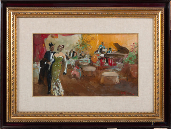 Coppia galante, XX secolo, olio su faesite, cm 30x50, firmato in basso a destra, entro cornice