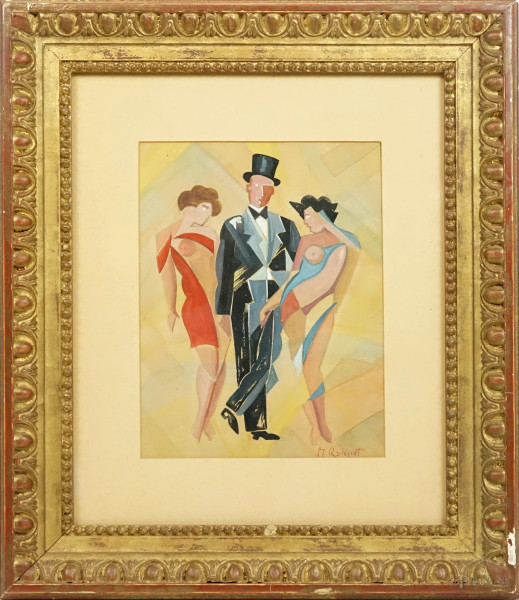 Monsieur et deux dames, tecnica mista su carta, firmato in basso a destra M. Radiguet, misure con passpartout cm 37,5x30,5, entro cornice