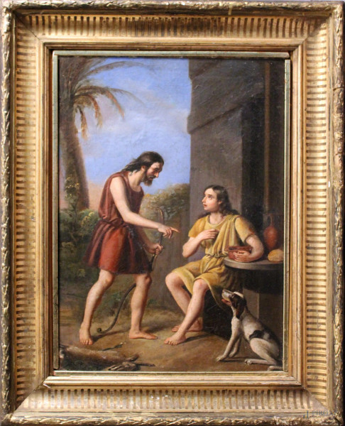 Scena biblica, olio su tela, XIX sec., cm 45 x 30, entro cornice.