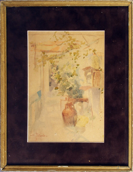 Salvatore  Petruolo - Vaso con fiori, acquarello su carta, cm. 23,5x17,5, entro cornice.