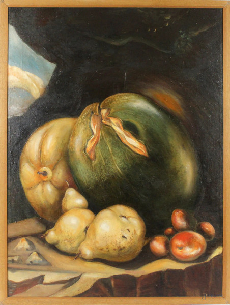 Natura morta-ortaggi, olio su tela, cm. 70x50, XX secolo, entro cornice.