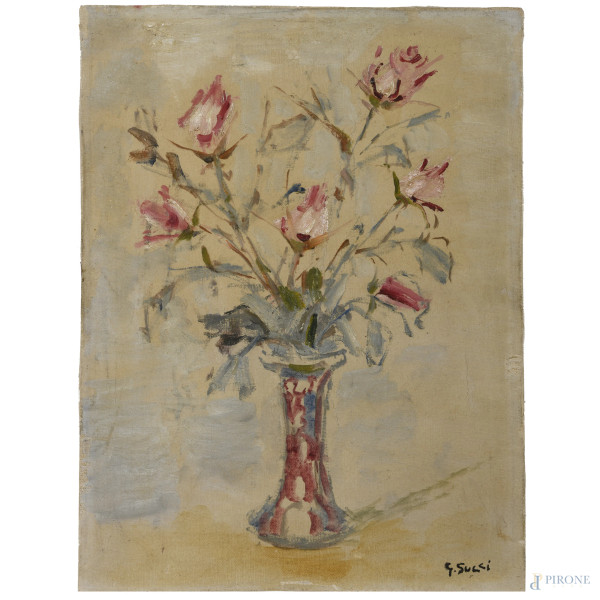 Giuseppe Succi (1914-1989), Vaso di fiori, olio su tela, cm 39,5x30, firmato in basso a destra, (segni di usura, ondulazioni del supporto, lievi sollevamenti di colore)