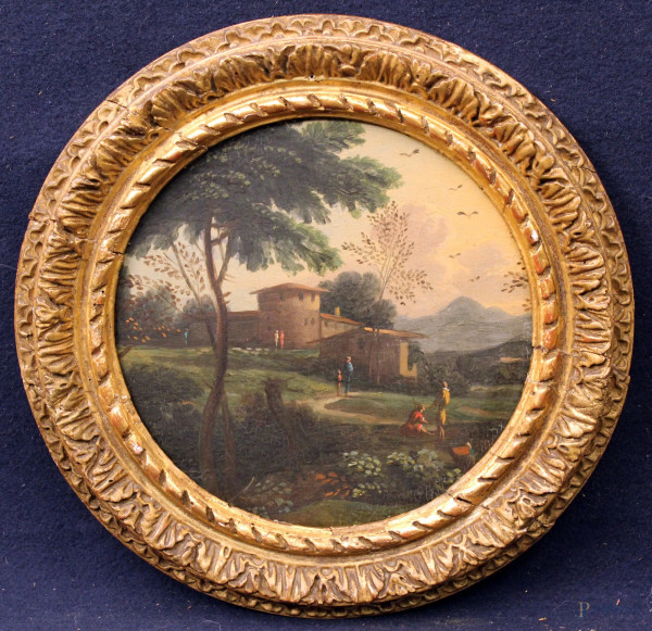 Pesaggio campestre, Scuola romana del XVIII sec., olio su tavola, diametro 22,5 cm, entro cornice coeva.