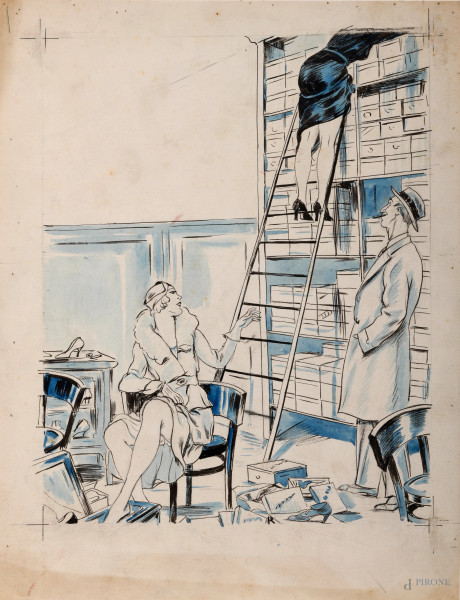 Luigi Bompard (1879 - 1953), L'archivista, tecnica mista su carta, cm 38,5x29,5 (lievi segni di usura del tempo)