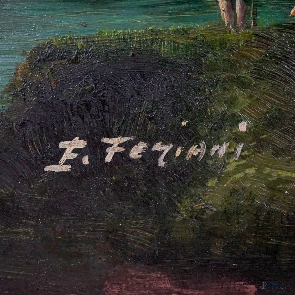 Capriccio con figure, olio su tavola, firmato, cm 44x73, entro cornice