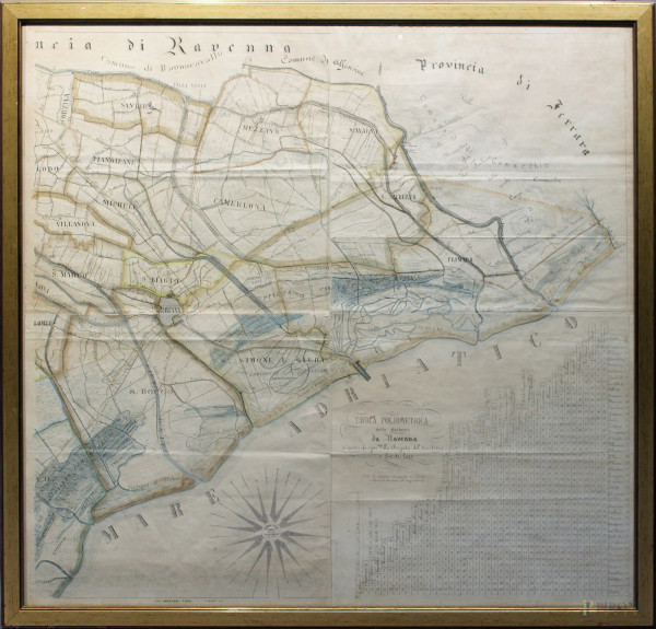 Lotto composto da una cartina geografica della provincia di Ferrara e da una tavola polimetrica delle distanza da Ravenna, cm 93 x 97, entro cornice.