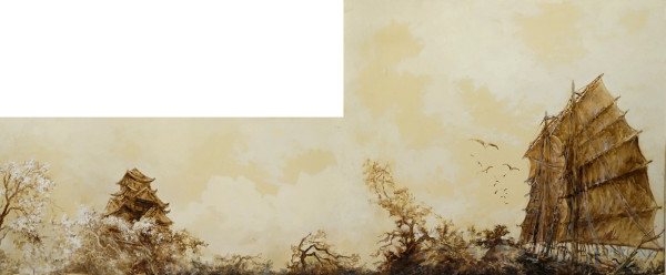 Rudolf  Claudus - Paesaggio con pagoda, olio su tela applicata su pannello in legno, cm 102x246